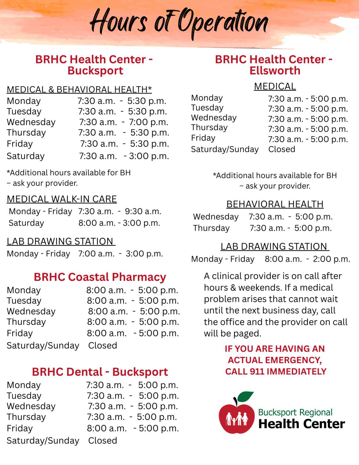 Hours of Operation - Bucksport Regional Health Center